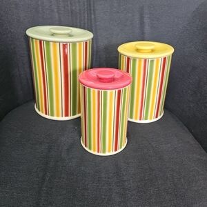 Vintage April Cornell For Silvestri 3-piece Ceramic Canister Set Stripes Nice!